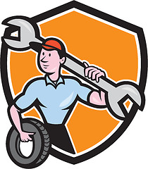 Image showing Mechanic Spanner Wrench Tire Shield Cartoon