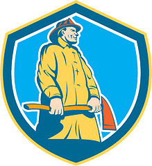 Image showing Fireman Firefighter Standing Axe Shield Retro