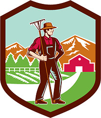 Image showing Organic Farmer Rake Woodcut Shield Retro