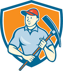 Image showing Construction Worker Holding Pickaxe Shield Cartoon