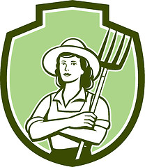 Image showing Female Organic Farmer Pitchfork Shield Retro