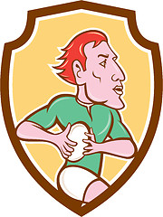 Image showing Rugby Player Running Ball Shield Cartoon