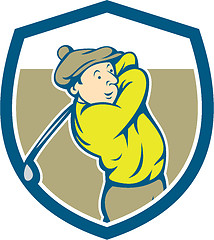 Image showing Golfer Swinging Club Shield Cartoon