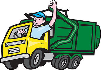 Image showing Garbage Truck Driver Waving Cartoon