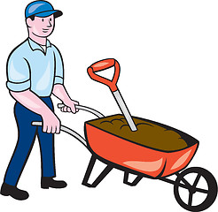 Image showing Gardener Pushing Wheelbarrow Cartoon