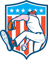 Image showing Baseball Pitcher Outfielder Throwing Ball Shield Cartoon