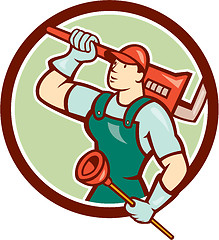 Image showing Plumber Holding Wrench Plunger Circle Cartoon