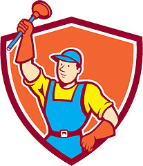 Image showing Plumber Holding Plunger Up Shield Cartoon