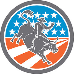 Image showing Rodeo Cowboy Bull Riding Flag Circle Retro