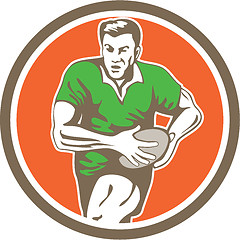 Image showing Rugby Player Running Ball Circle Retro