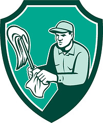 Image showing Janitor Cleaner Holding Mop Cloth Shield Retro