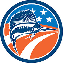 Image showing Sailfish Fish Jumping American Flag Circle Retro
