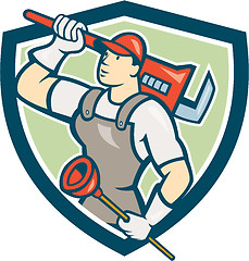 Image showing Plumber Holding Wrench Plunger Shield Cartoon