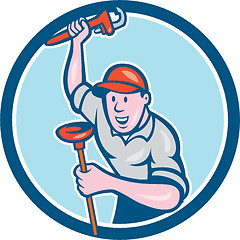 Image showing Plumber Holding Wrench Plunger Circle Cartoon