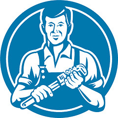 Image showing Plumber Holding Wrench Circle Retro