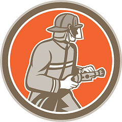 Image showing Fireman Firefighter Fire Hose Circle Retro