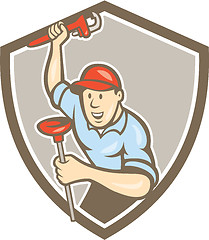 Image showing Plumber Wrench Plunger Front Shield Cartoon