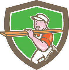 Image showing Builder Carpenter Carrying Timber Shield Cartoon