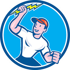 Image showing Electrician Holding Lightning Bolt Circle Cartoon