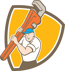 Image showing Plumber Carrying Monkey Wrench Shield Cartoon