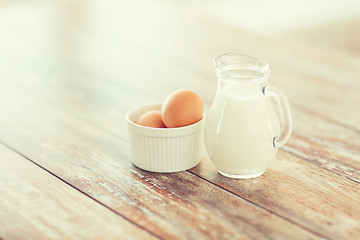 Image showing close up of jugful of milk and eggs in a bowl