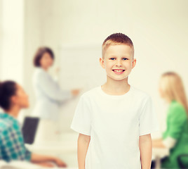 Image showing smiling little boy in white blank t-shirt