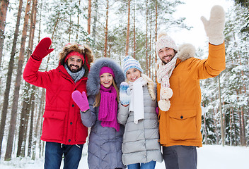 Image showing group of friends waving hands in winter forest