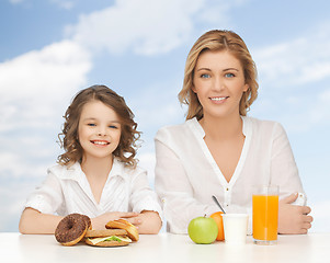 Image showing happy mother and daughter eating breakfast