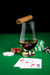 Image showing close up of chips, cards whisky and cigar on table