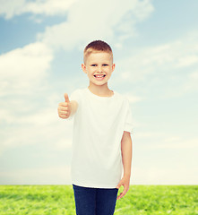 Image showing smiling little boy in white blank t-shirt