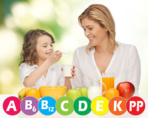 Image showing happy mother and daughter eating breakfast