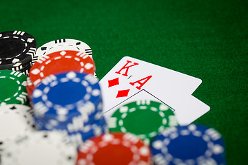 Image showing close up of casino chips and playing cards