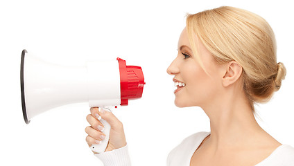 Image showing happy woman with megaphone