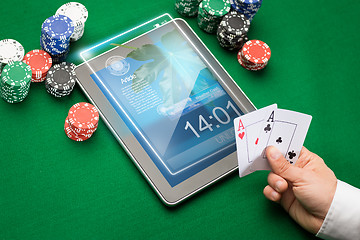 Image showing casino poker player with cards, tablet and chips