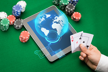 Image showing casino poker player with cards, tablet and chips