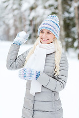 Image showing smiling young woman in winter forest