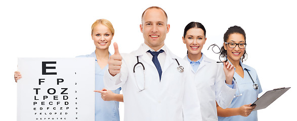 Image showing group of smiling doctors with eye chart