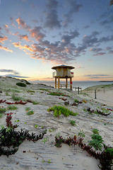 Image showing Wanda Beach Surf Life Guard  Lookout Tower at sunrise