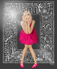 Image showing Blonde In Pink Dress Against Love Background