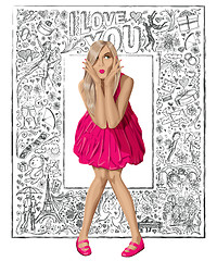 Image showing Blonde In Pink Dress Against Love Background