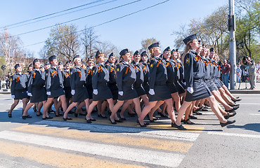 Image showing Women-cadets of police academy marching on parade
