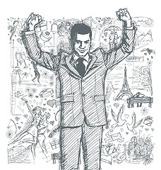 Image showing Sketch Businessman With Hands Up Against Love Story Background 0