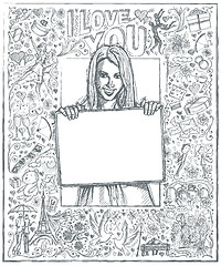 Image showing Sketch Happy Woman Holding Blank White Card Against Love Story B