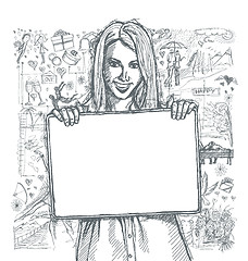 Image showing Sketch Happy Woman Holding Blank White Card Against Love Story B