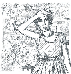 Image showing Sketch Surprised Girl Looking For Something Against Love Story B
