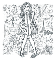 Image showing Sketch Surprised Woman In Dress Against Love Story Background 03