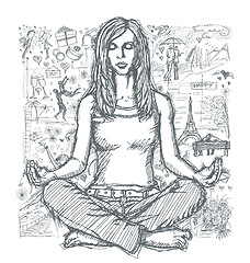 Image showing Sketch Woman Meditation In Lotus Pose Against Love Story Backgro