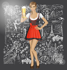 Image showing Vector Cute Woman In Drindl With Beer Against Love Background