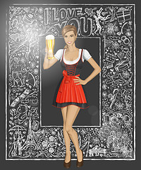 Image showing Vector Cute Woman In Drindl With Beer Against Love Background