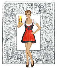 Image showing Vector Cute Woman In Drindl With Beer Against Love Background